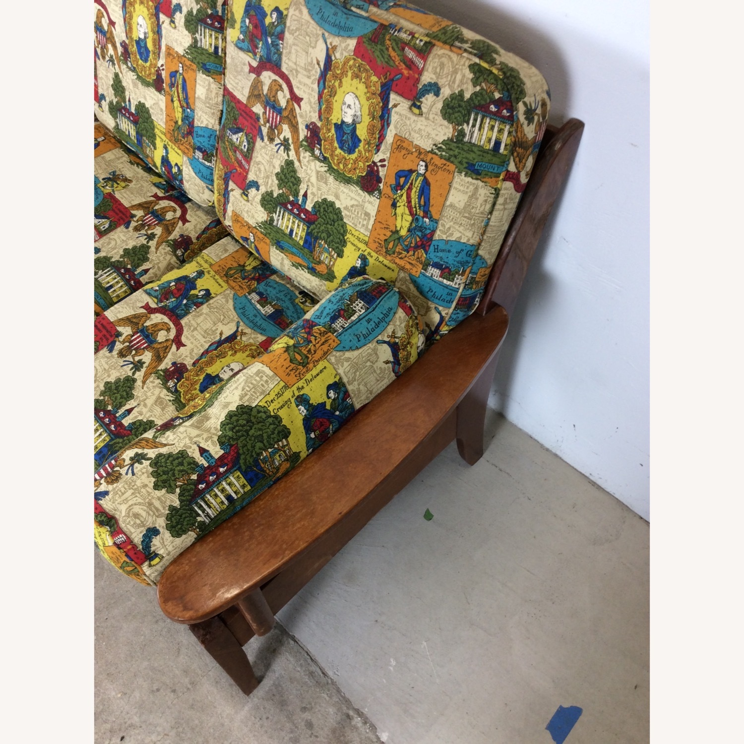 MCM Maple 3pc Sofa w Shelving & Vintage Upholstery - image-16