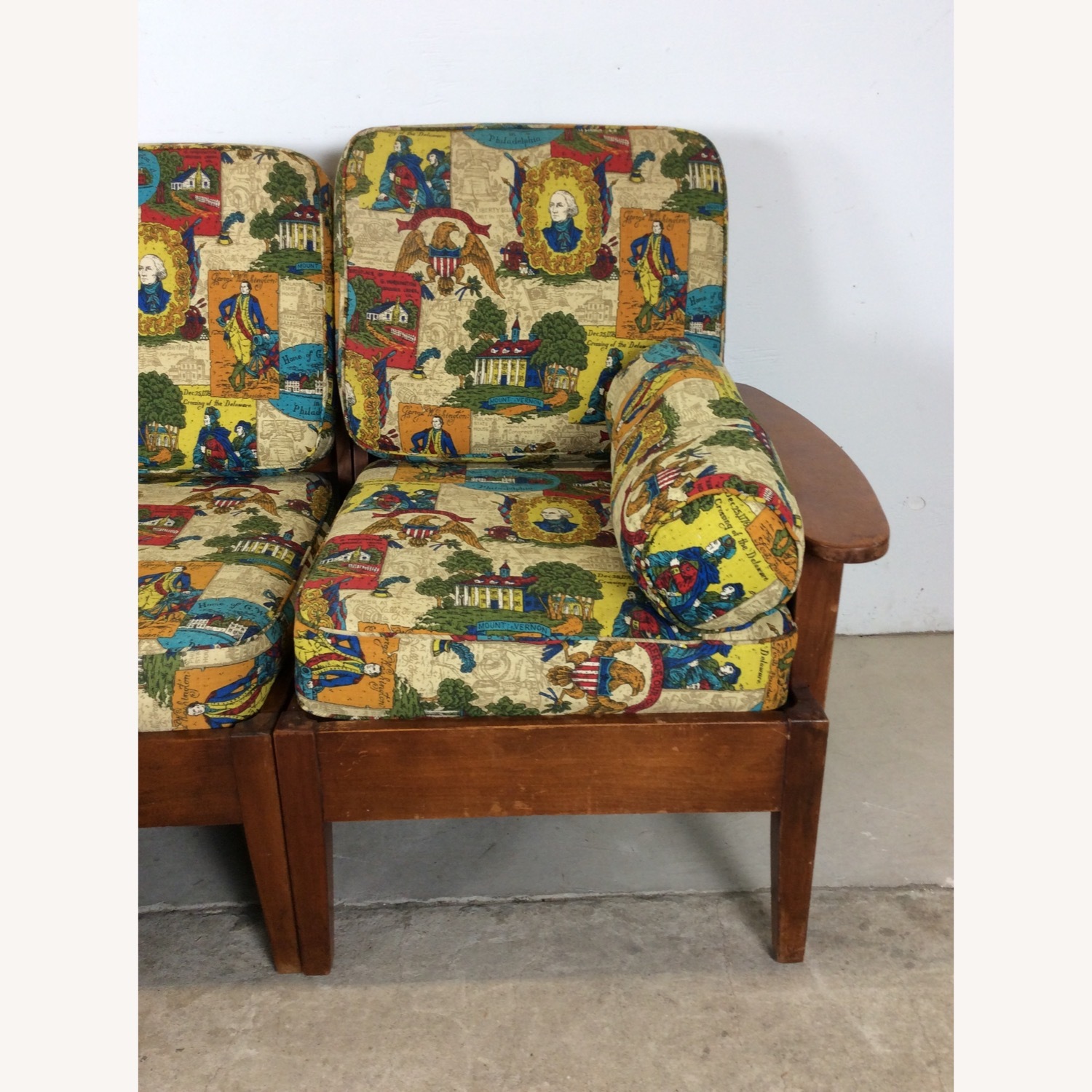 MCM Maple 3pc Sofa w Shelving & Vintage Upholstery - image-8