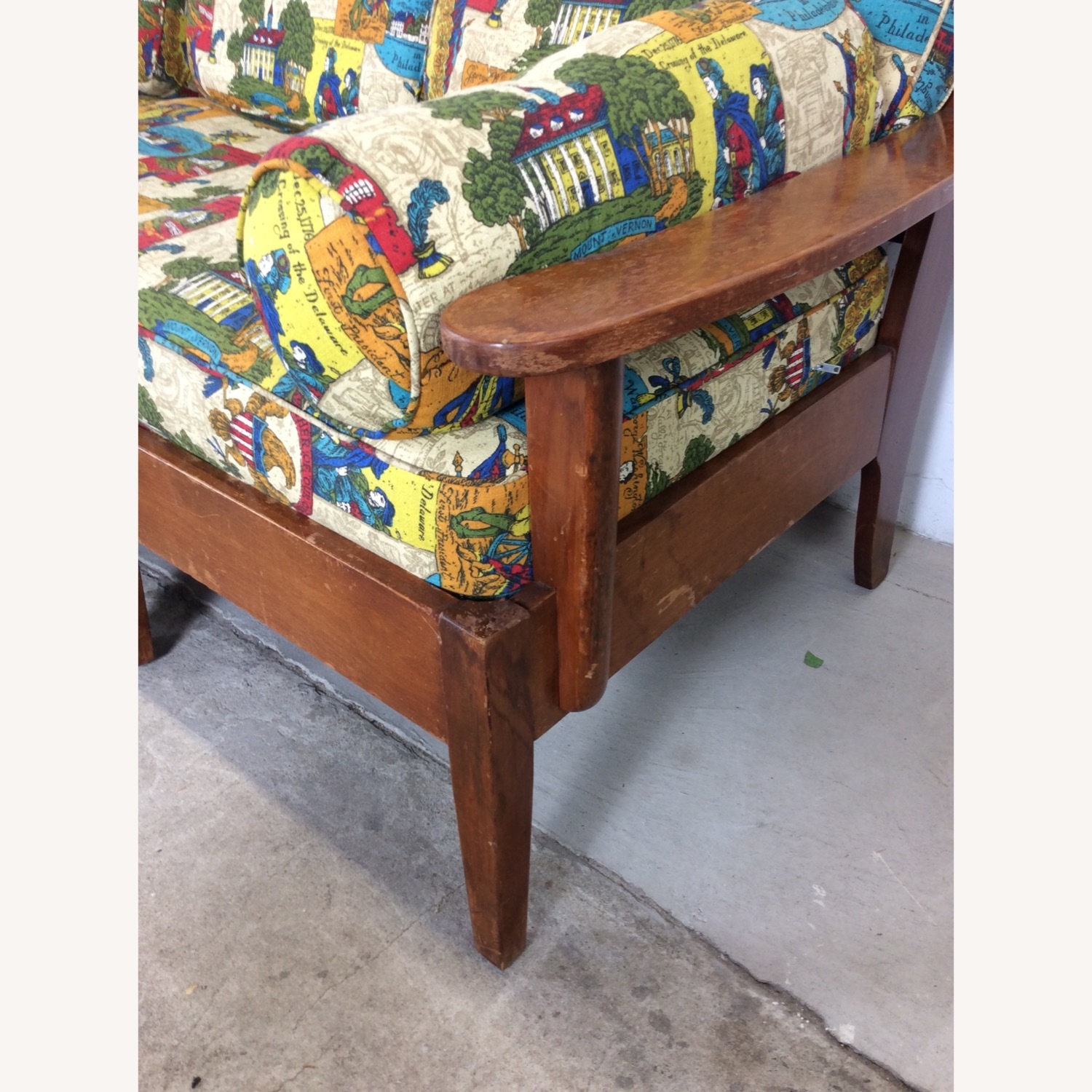 MCM Maple 3pc Sofa w Shelving & Vintage Upholstery - image-17