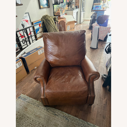 Used Pottery Barn Dark Brown James Roll Arm Leather Recliner for sale on AptDeco
