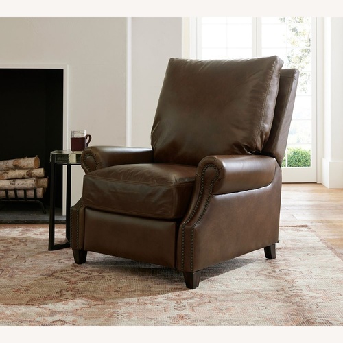 Used Pottery Barn Dark Brown James Roll Arm Leather Recliner for sale on AptDeco