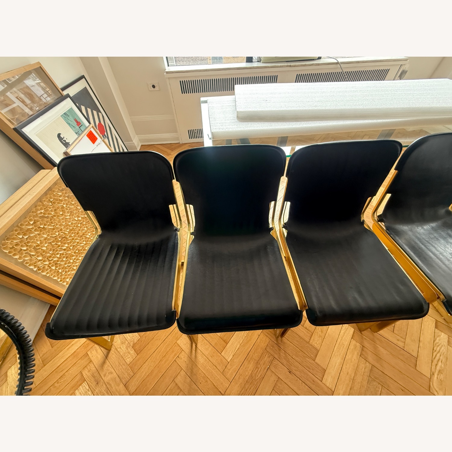 CB2 6 Rake Black Leather Dining Chairs - image-4