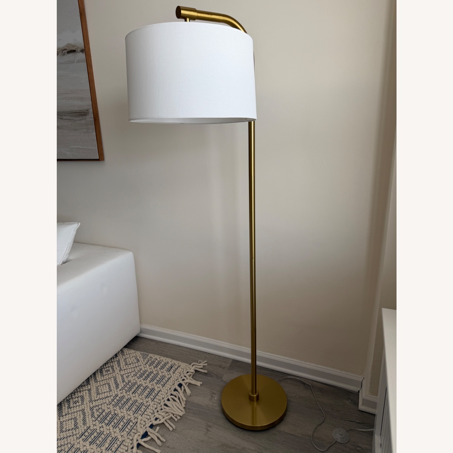 Modern Gold Arc Floor Lamp with White Drum Shade - image-2
