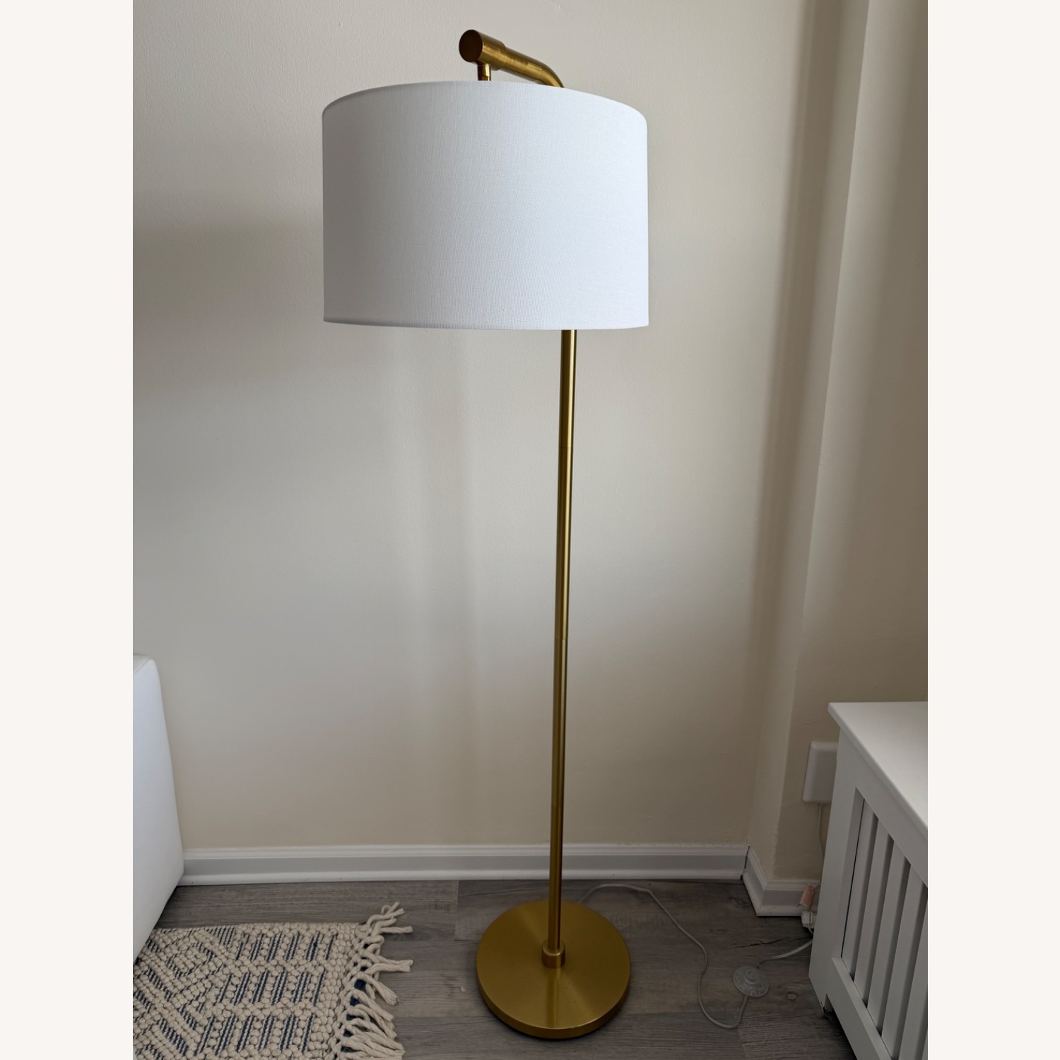 Modern Gold Arc Floor Lamp with White Drum Shade - image-1