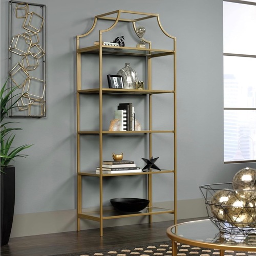 Used Sauder Gold Tall Open Bookcase with Glass Shelves for sale on AptDeco