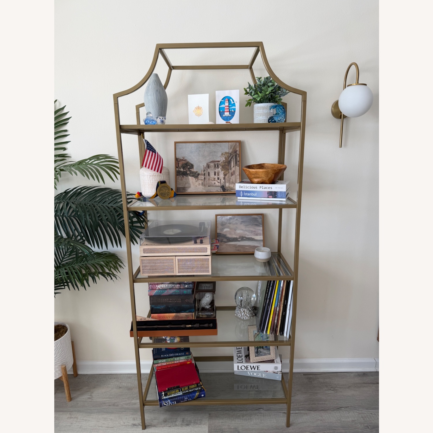 Sauder Gold Tall Open Bookcase with Glass Shelves - image-3