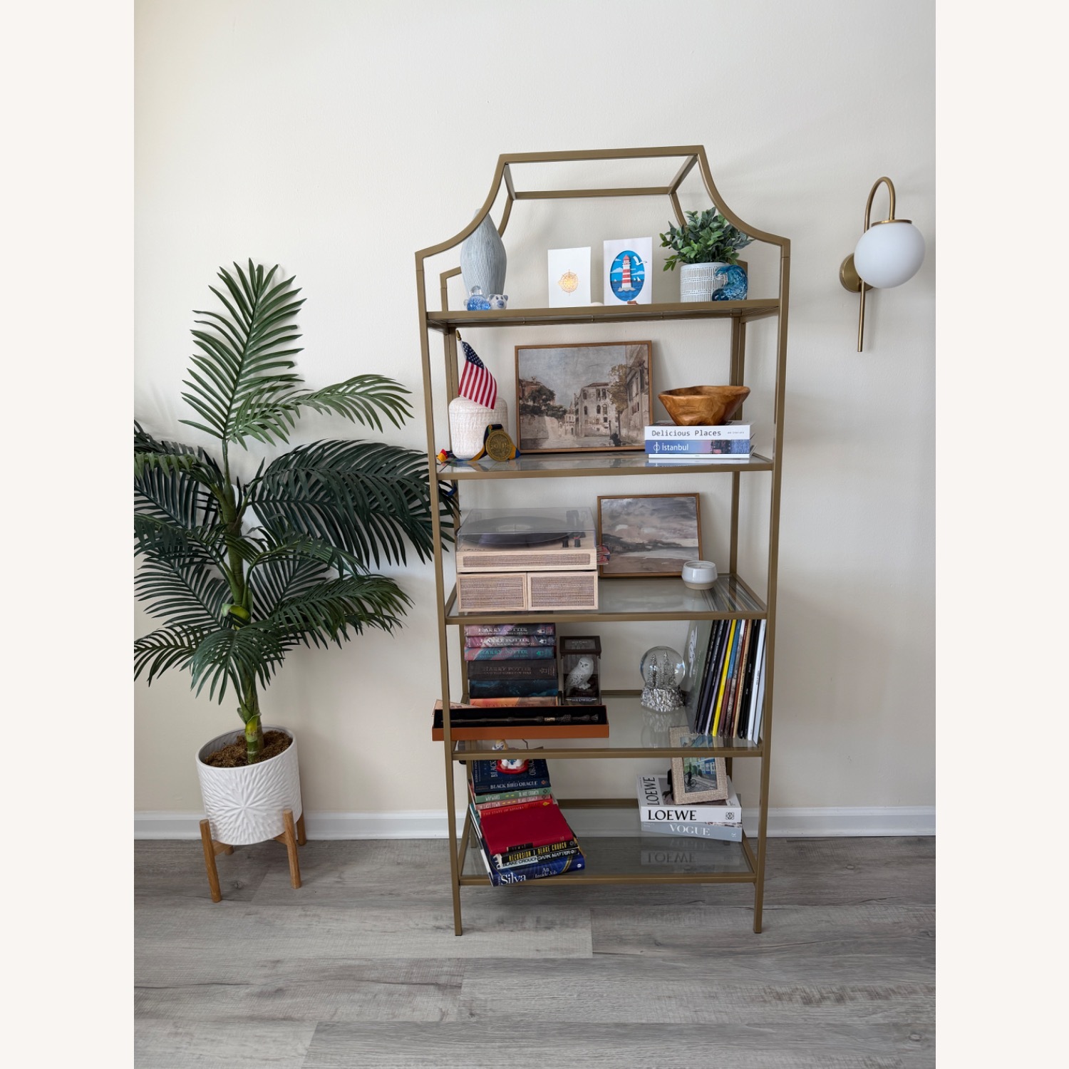 Sauder Gold Tall Open Bookcase with Glass Shelves - image-1