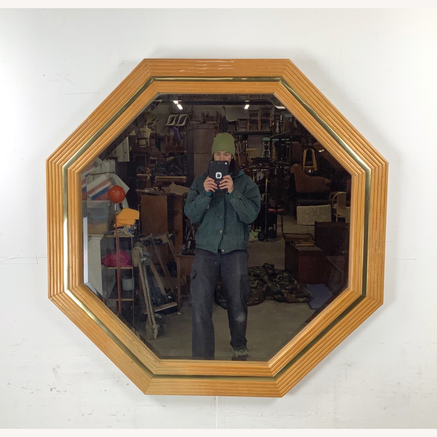 Vintage Modern Faux Bamboo Octagonal Mirror - image-1