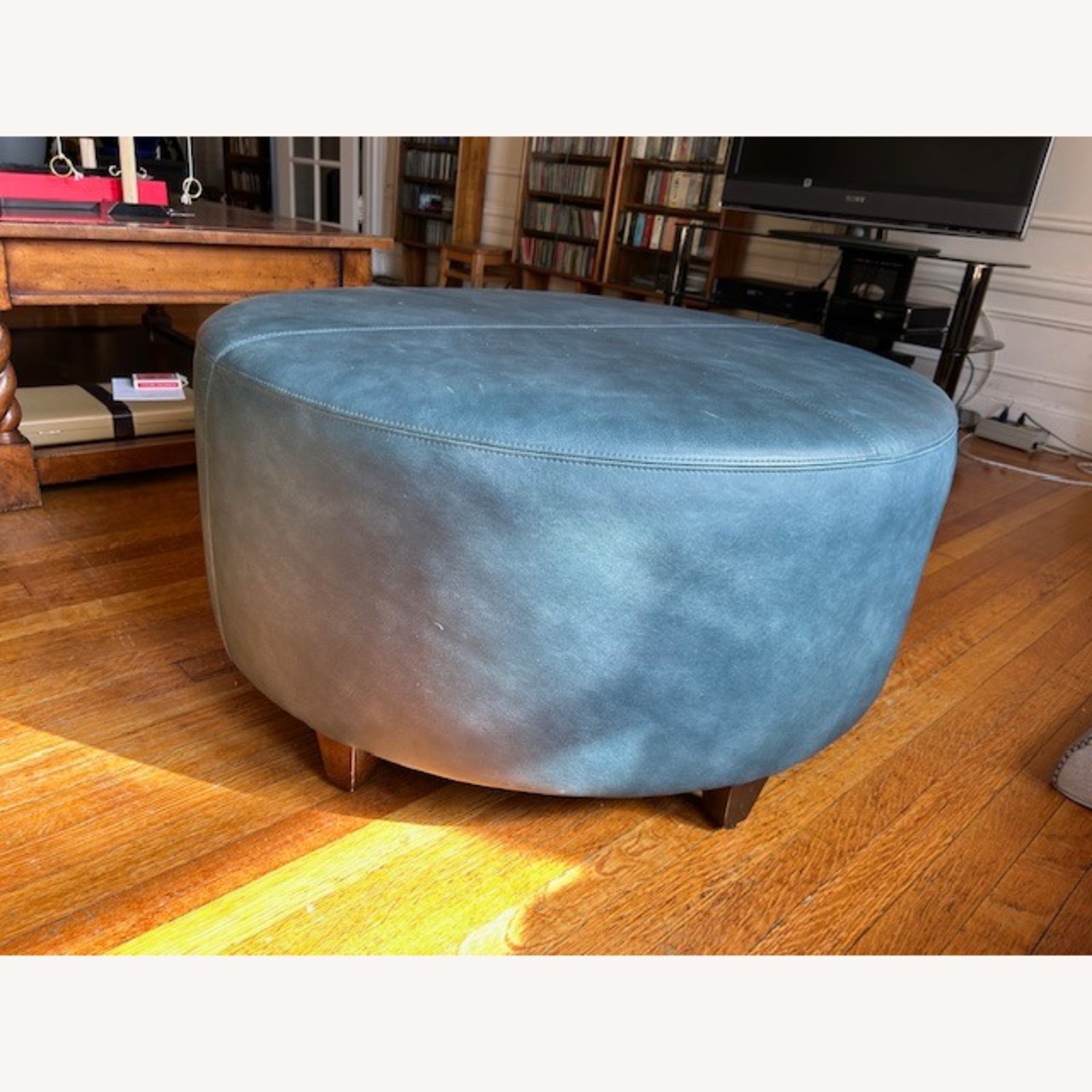 All Leather Deep Marine Blue Ottoman - image-5