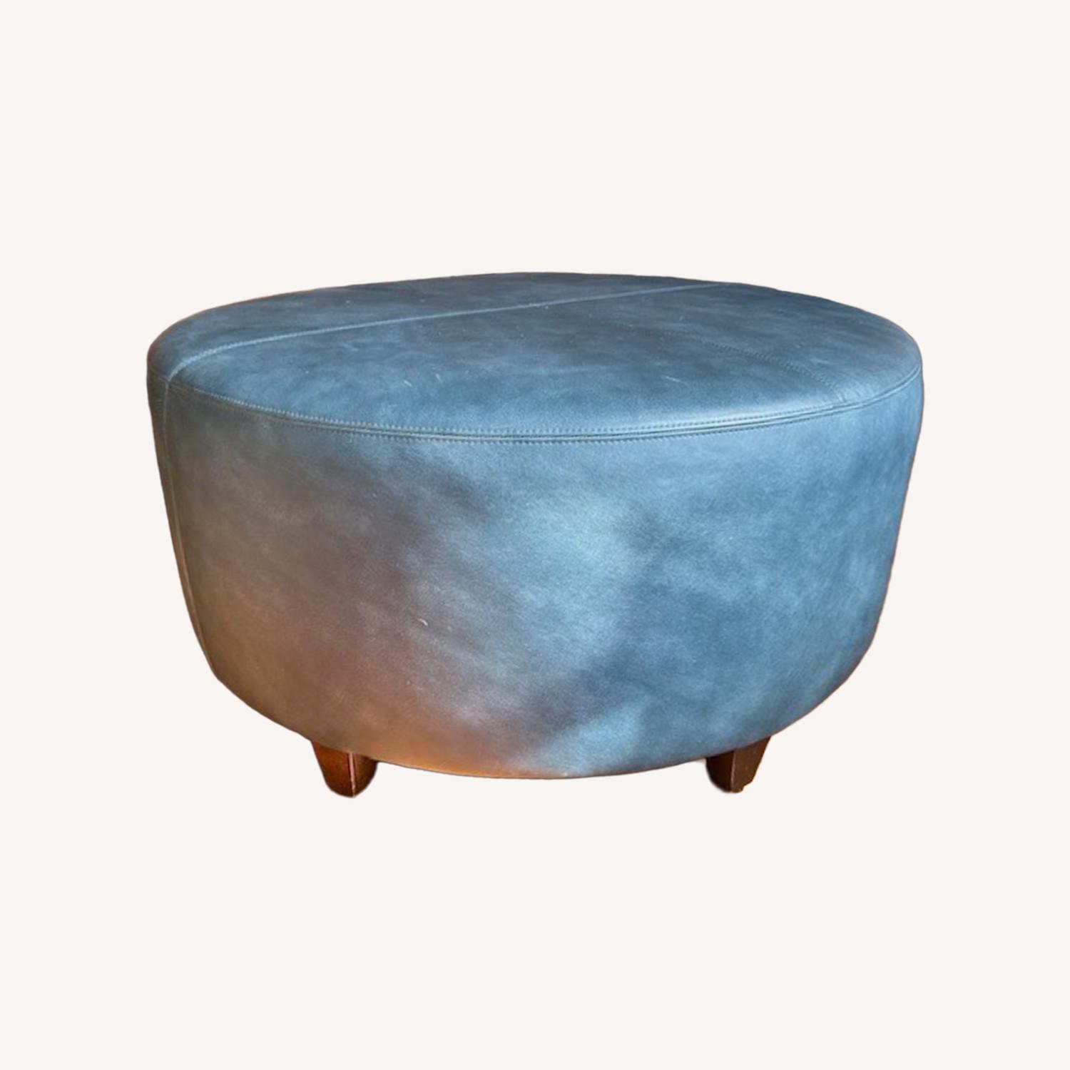 All Leather Deep Marine Blue Ottoman - image-0