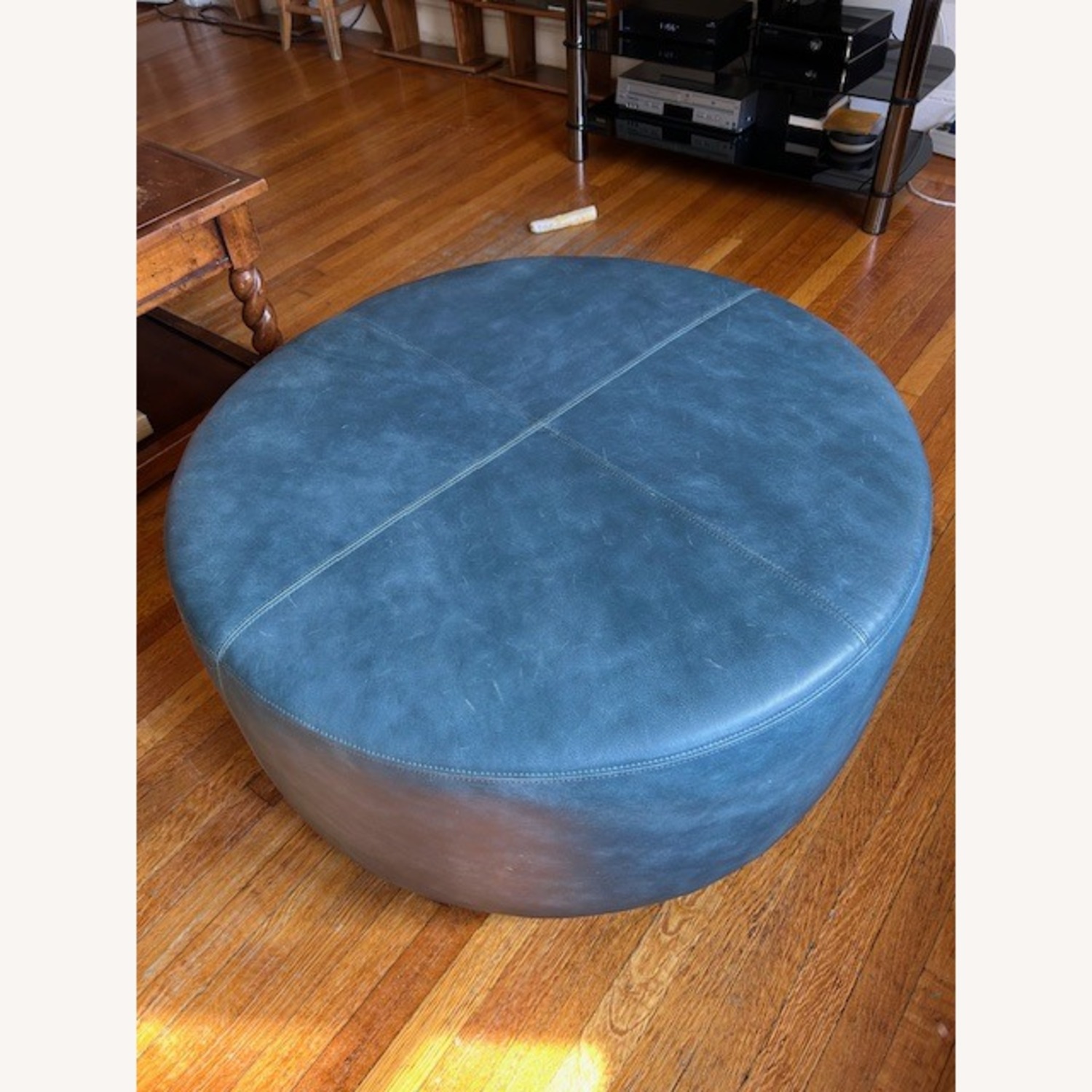 All Leather Deep Marine Blue Ottoman - image-7
