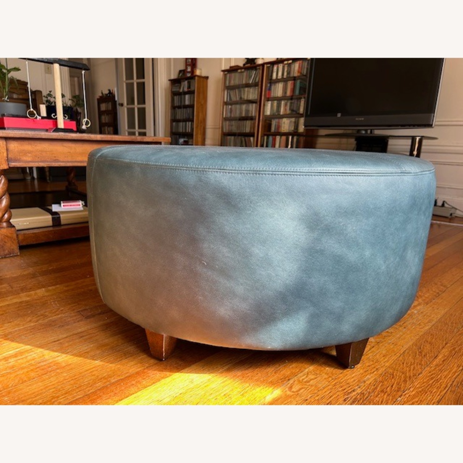 All Leather Deep Marine Blue Ottoman - image-3