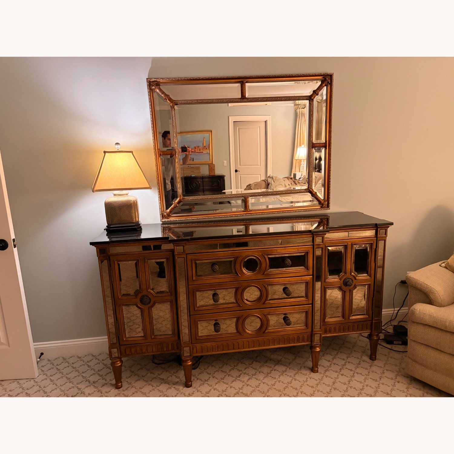 Horchow Mirrored Gold Sideboard with Wall Mirror - image-1