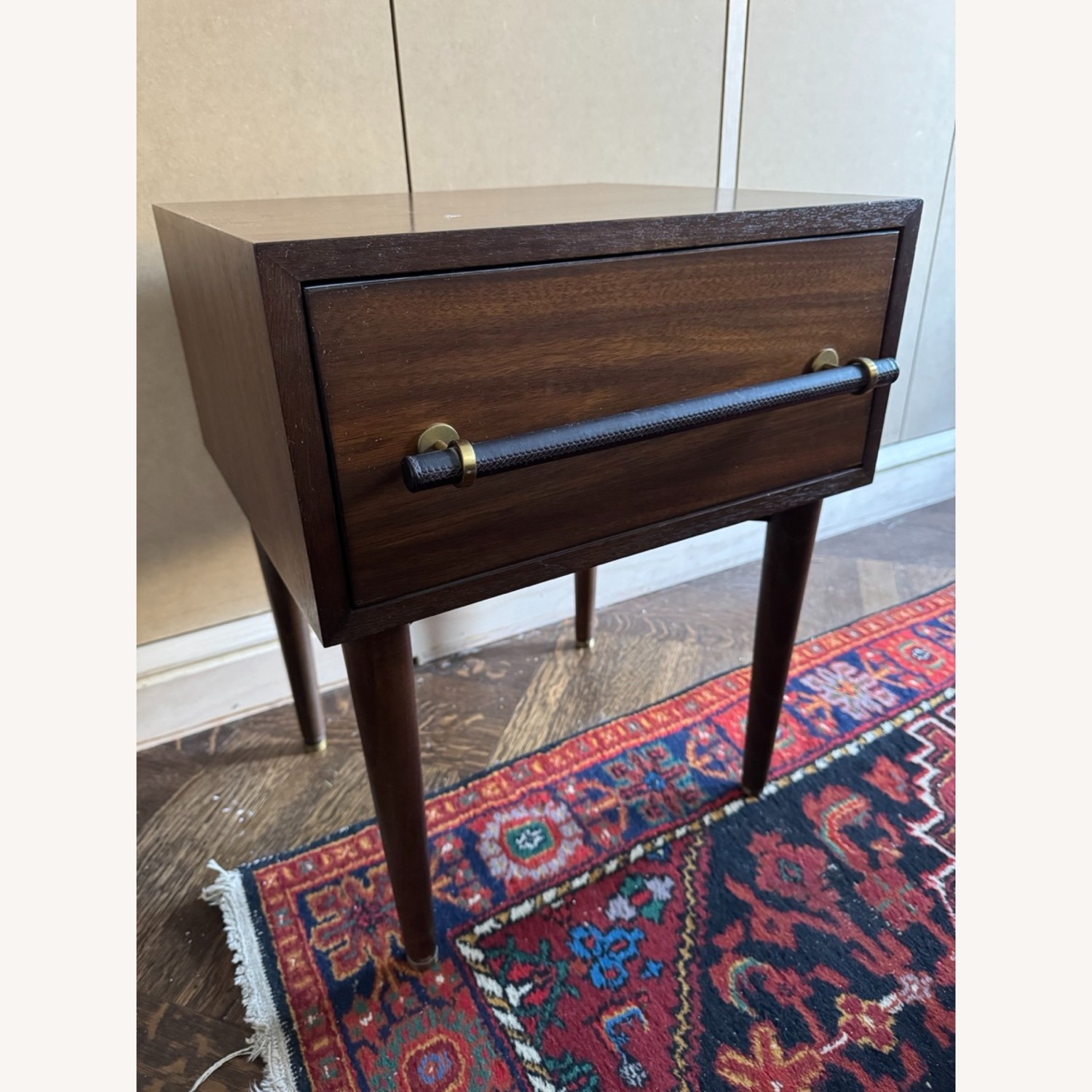 West Elm Benson Walnut & Leather Nightstand with Drawer - image-1
