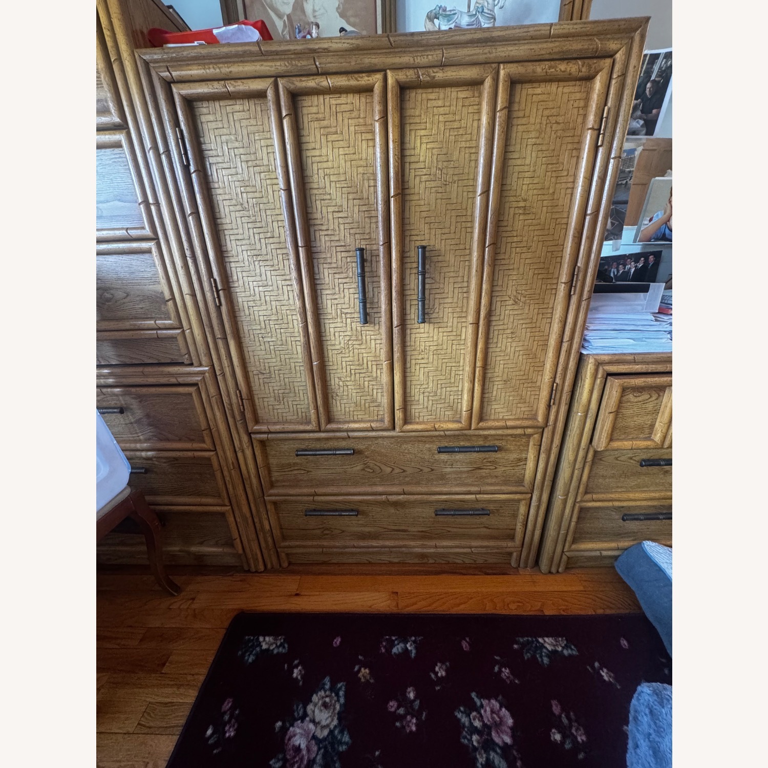 Vintage Bamboo & Woven Cane Armoire with Drawers - image-0