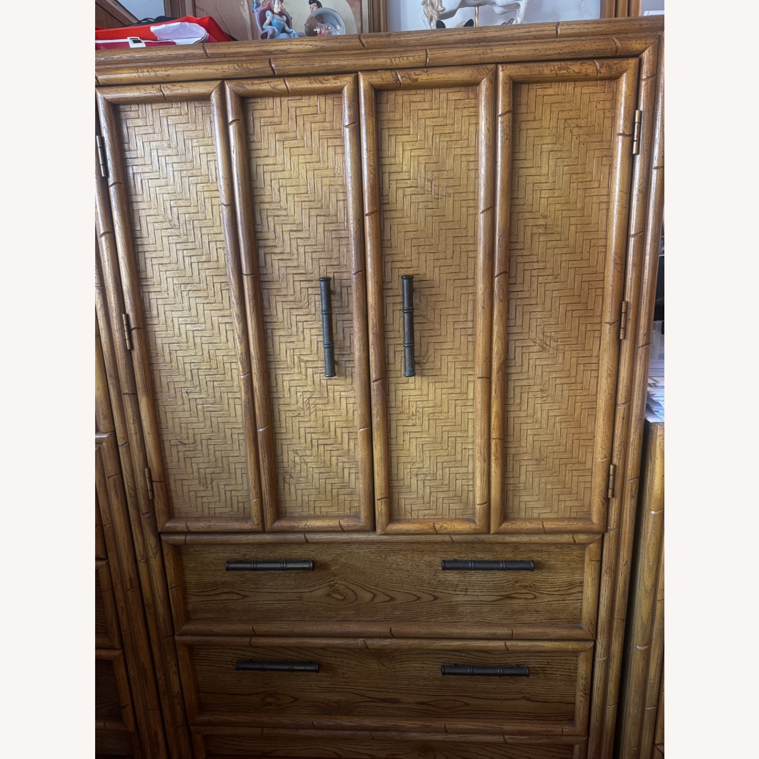Vintage Bamboo & Woven Cane Armoire with Drawers - image-2