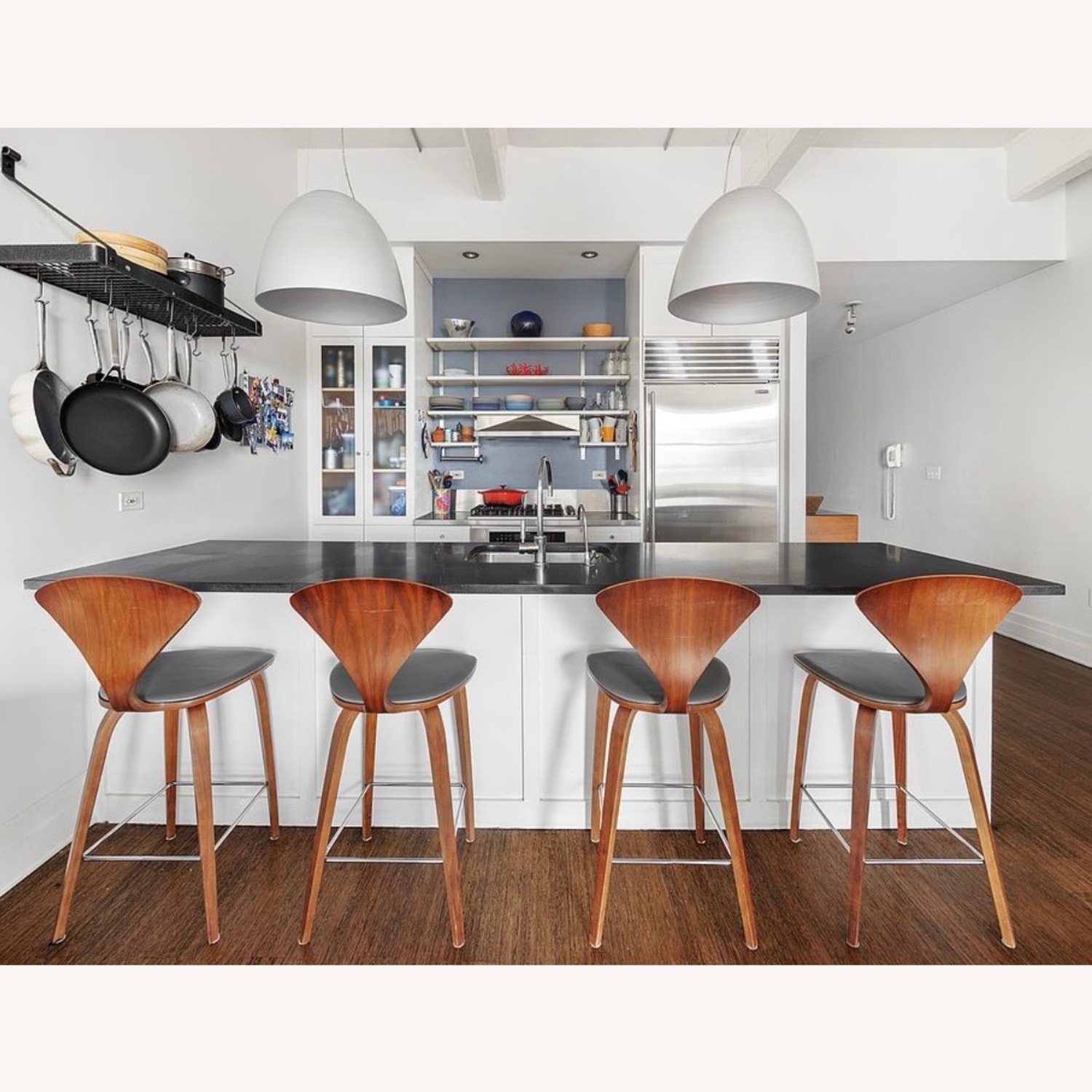 4 Walnut Cherner Stools With Grey Cushion - image-1