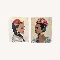 Set of 2 Floral Portrait Women Canvas Paintings