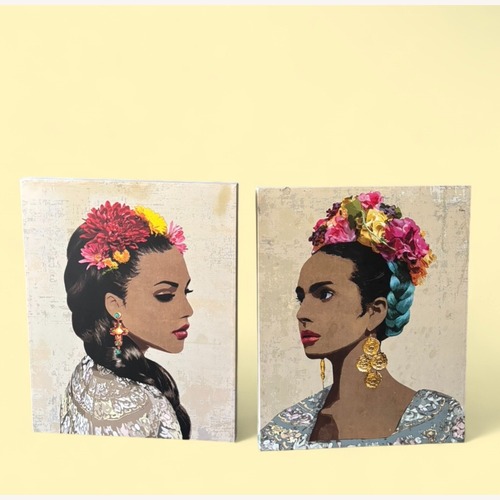 Used Set of 2 Floral Portrait Women Canvas Paintings for sale on AptDeco