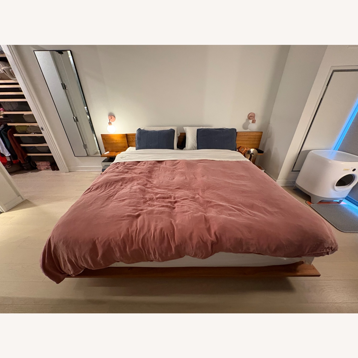 CB2 Andes Acacia Wood Platform King Bed with Nightstands - image-1