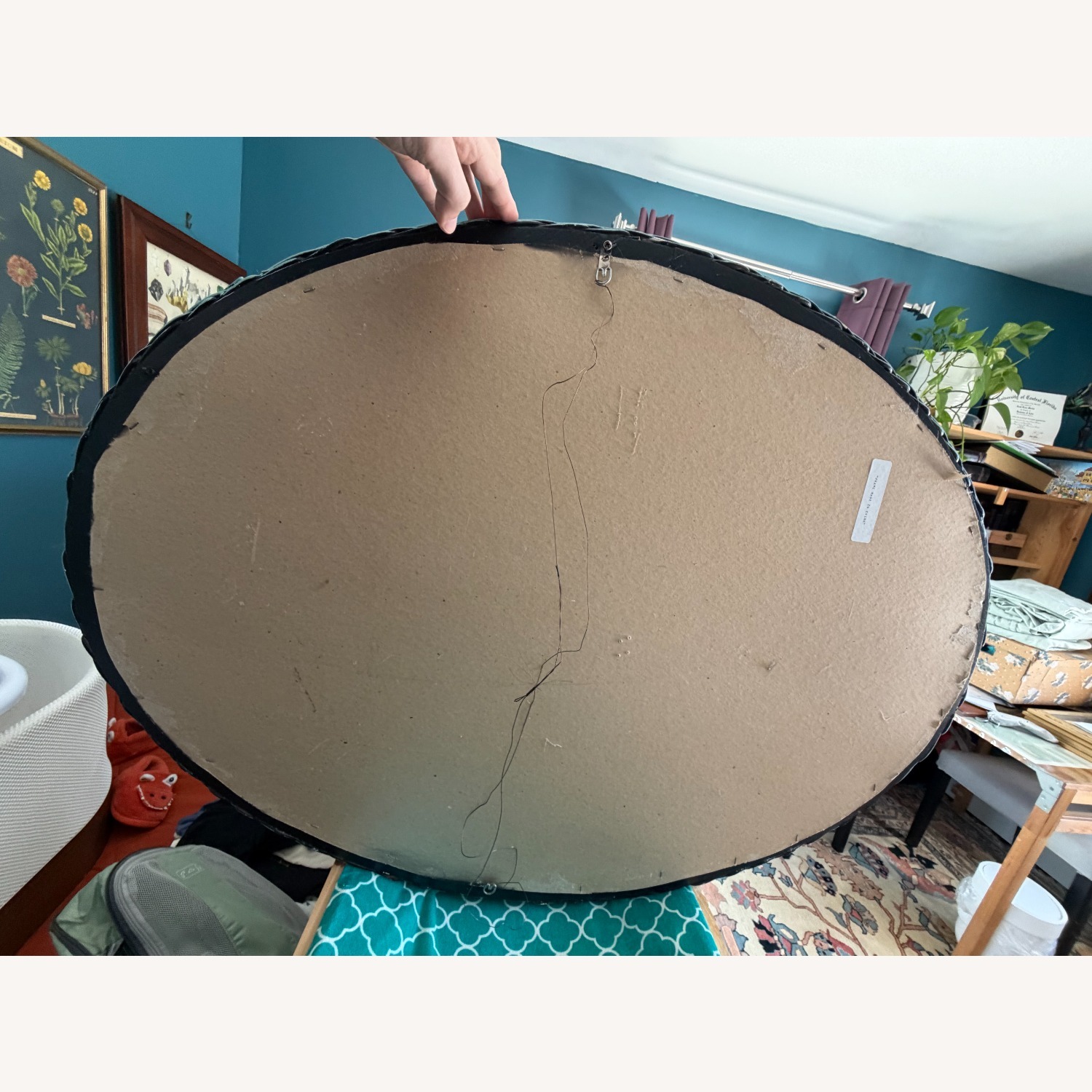 Light Teal Wicker Mirror with White Rose Accents - image-2