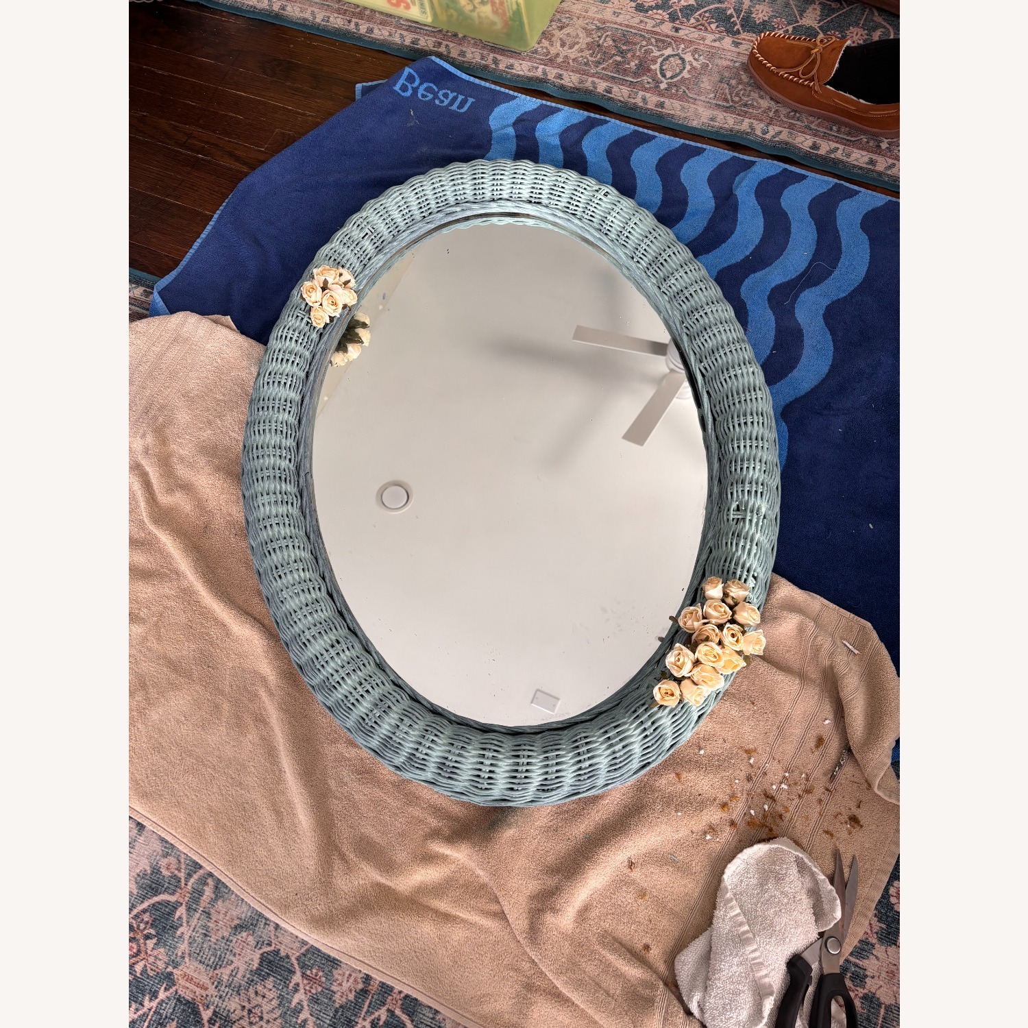 Light Teal Wicker Mirror with White Rose Accents - image-1