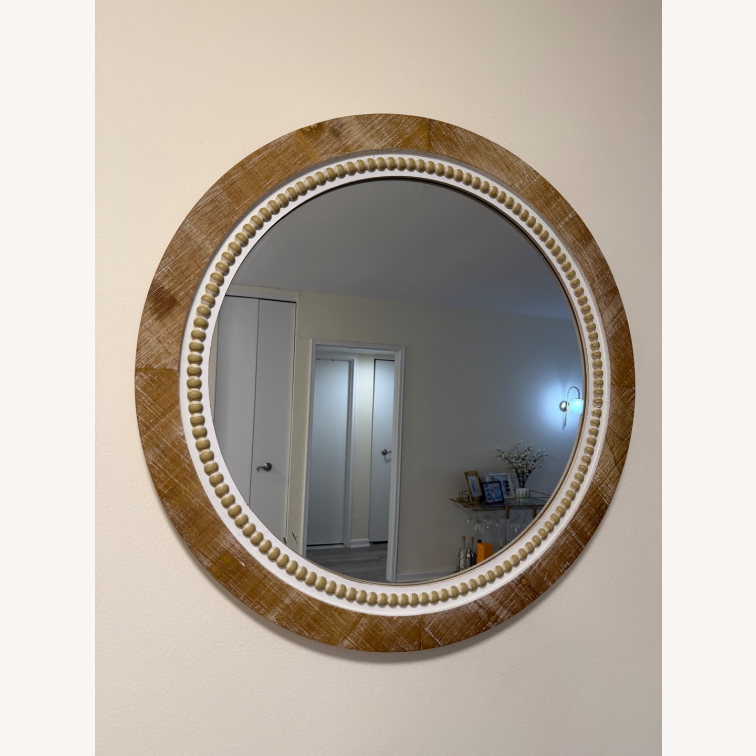 Round Wood Frame Mirror with Beaded Detail - image-2