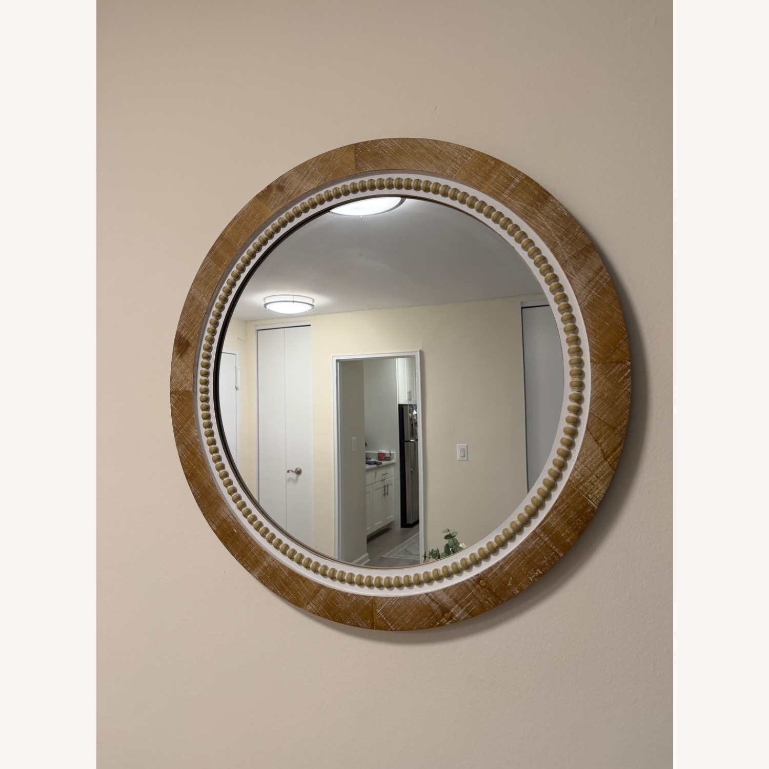 Round Wood Frame Mirror with Beaded Detail - image-1