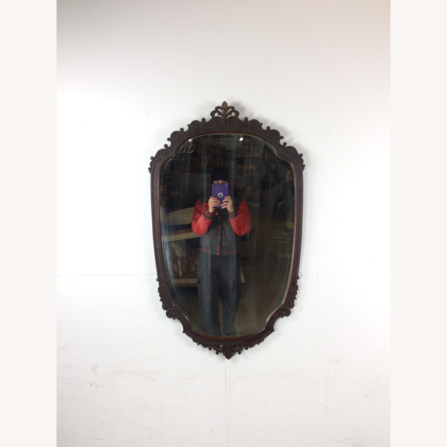 Antique Wall Mirror with Carved Wood Oval Frame - image-1