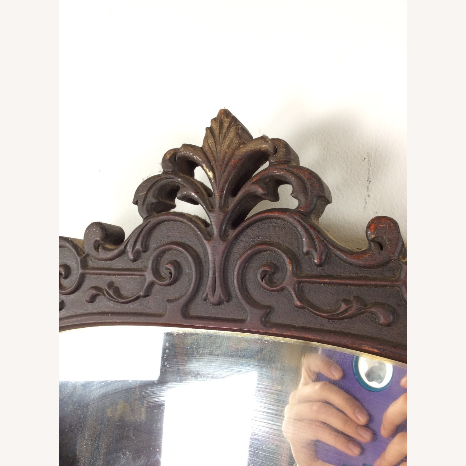 Antique Wall Mirror with Carved Wood Oval Frame - image-7