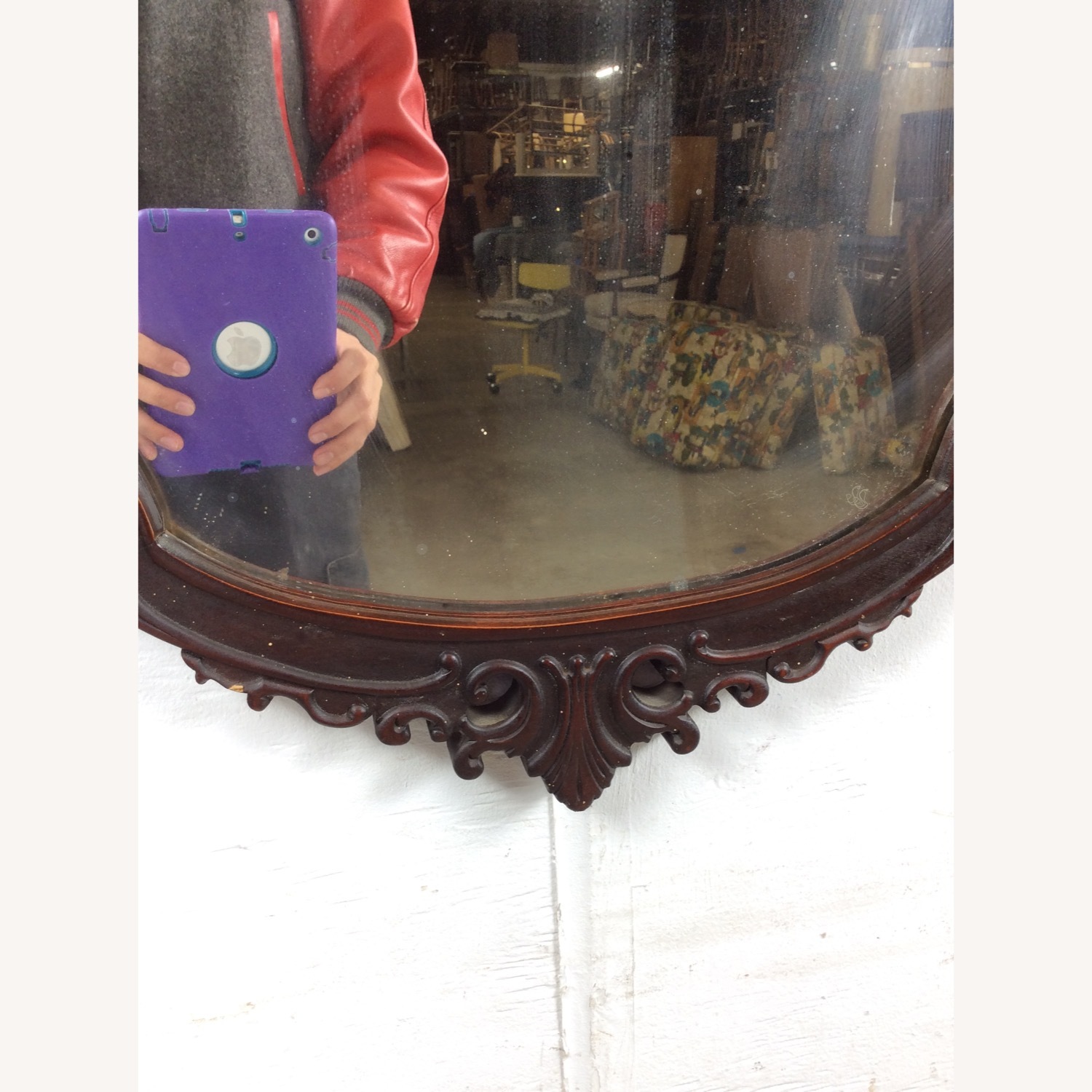 Antique Wall Mirror with Carved Wood Oval Frame - image-8
