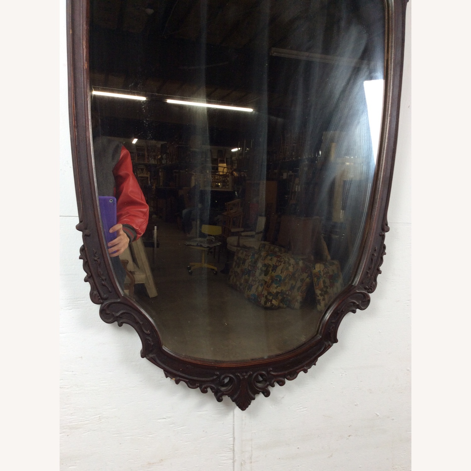 Antique Wall Mirror with Carved Wood Oval Frame - image-4