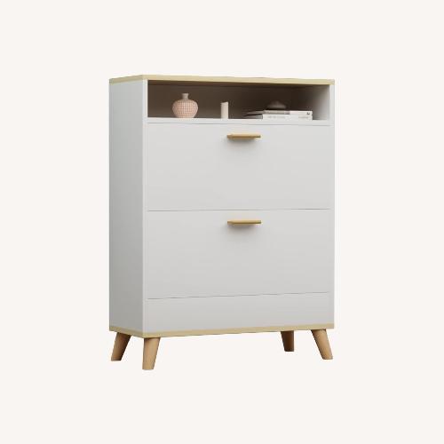 Used Shoe Storage Cabinet - White with Walnut Top for sale on AptDeco