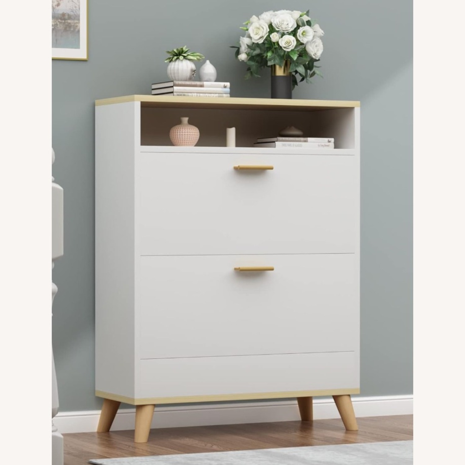 Shoe Storage Cabinet - White with Walnut Top - image-0