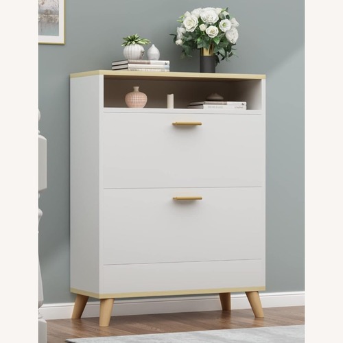 Used Shoe Storage Cabinet - White with Walnut Top for sale on AptDeco