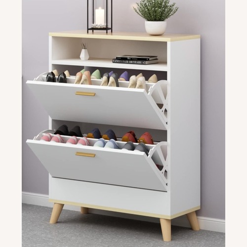 Used Shoe Storage Cabinet - White with Walnut Top for sale on AptDeco
