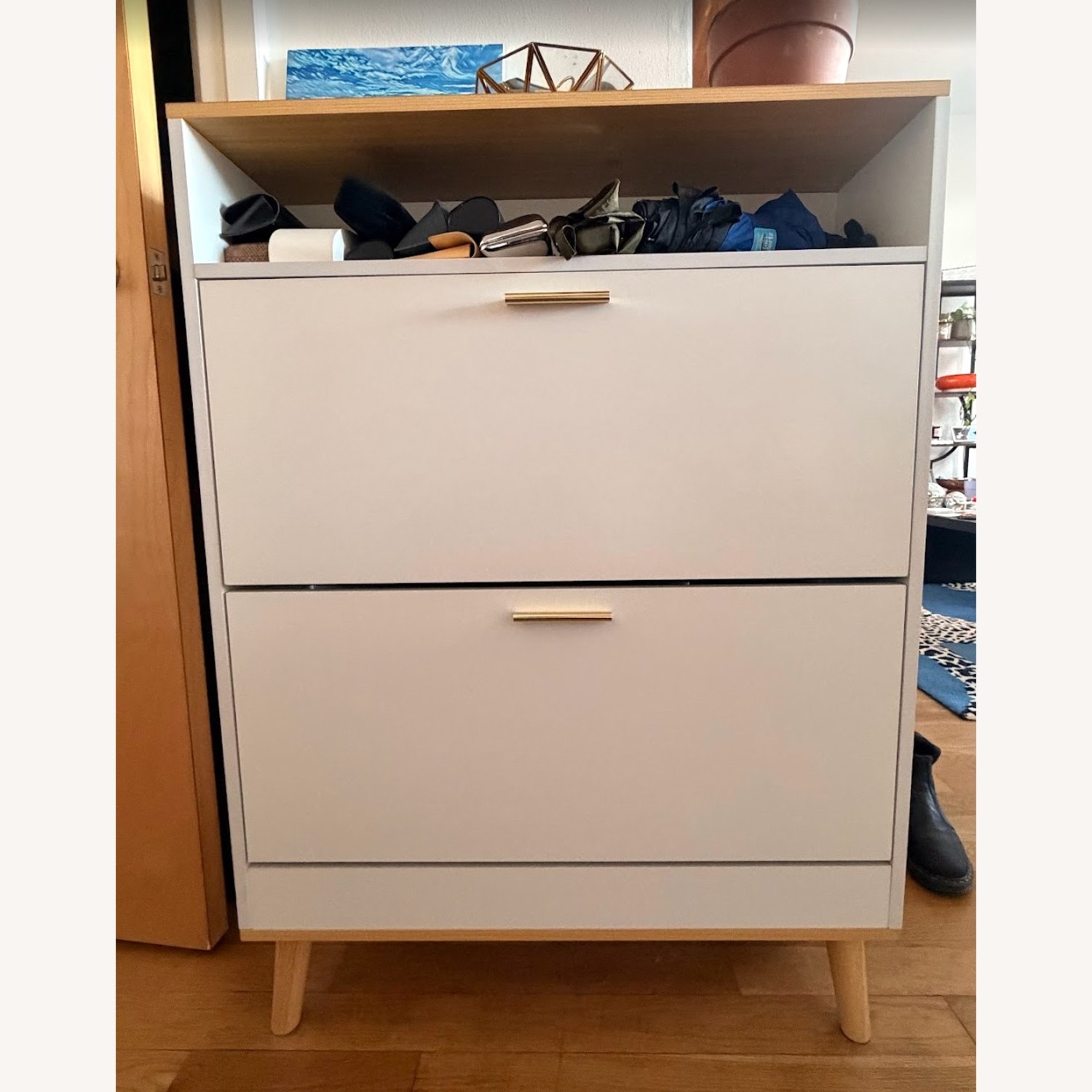 Shoe Storage Cabinet - White with Walnut Top - image-4