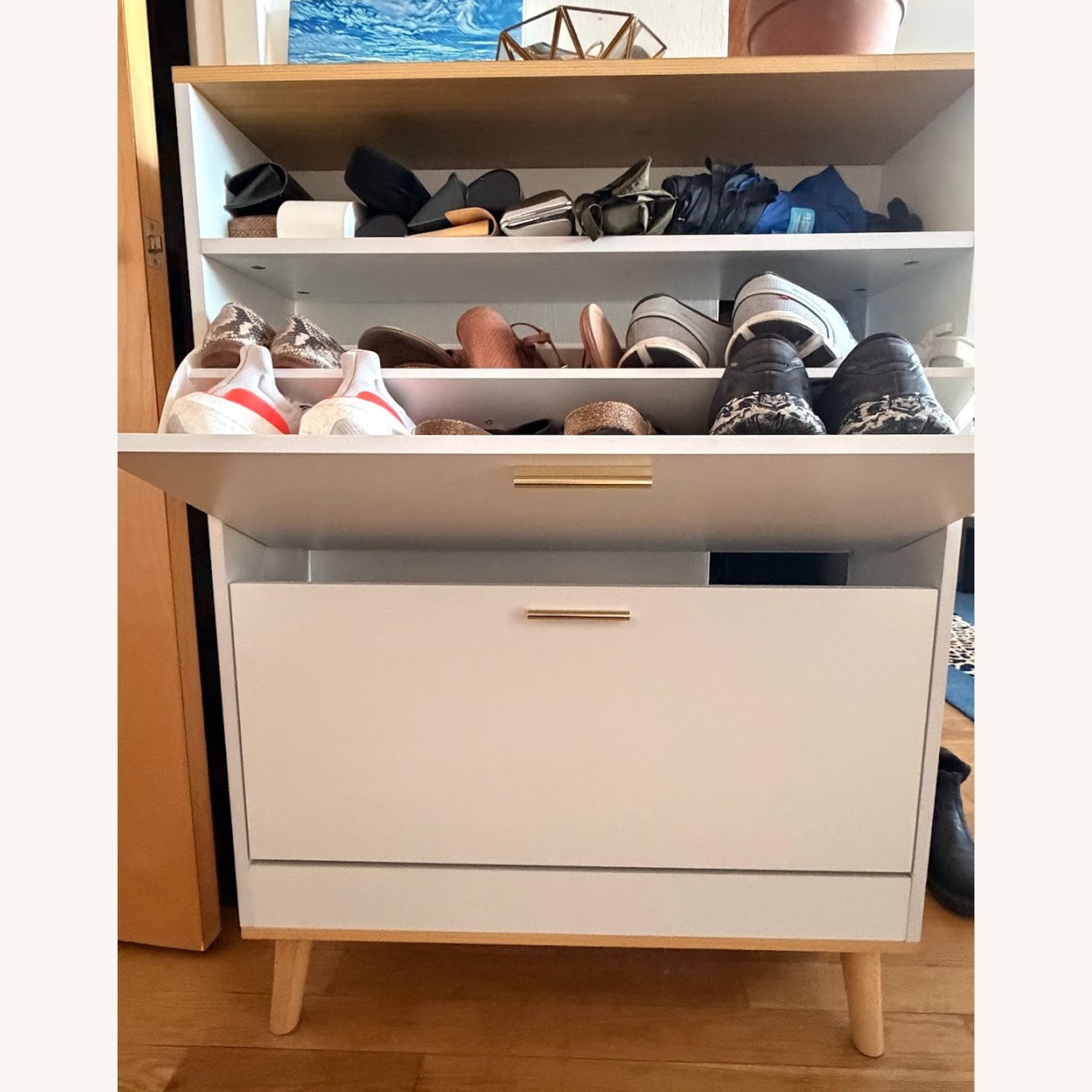 Shoe Storage Cabinet - White with Walnut Top - image-9