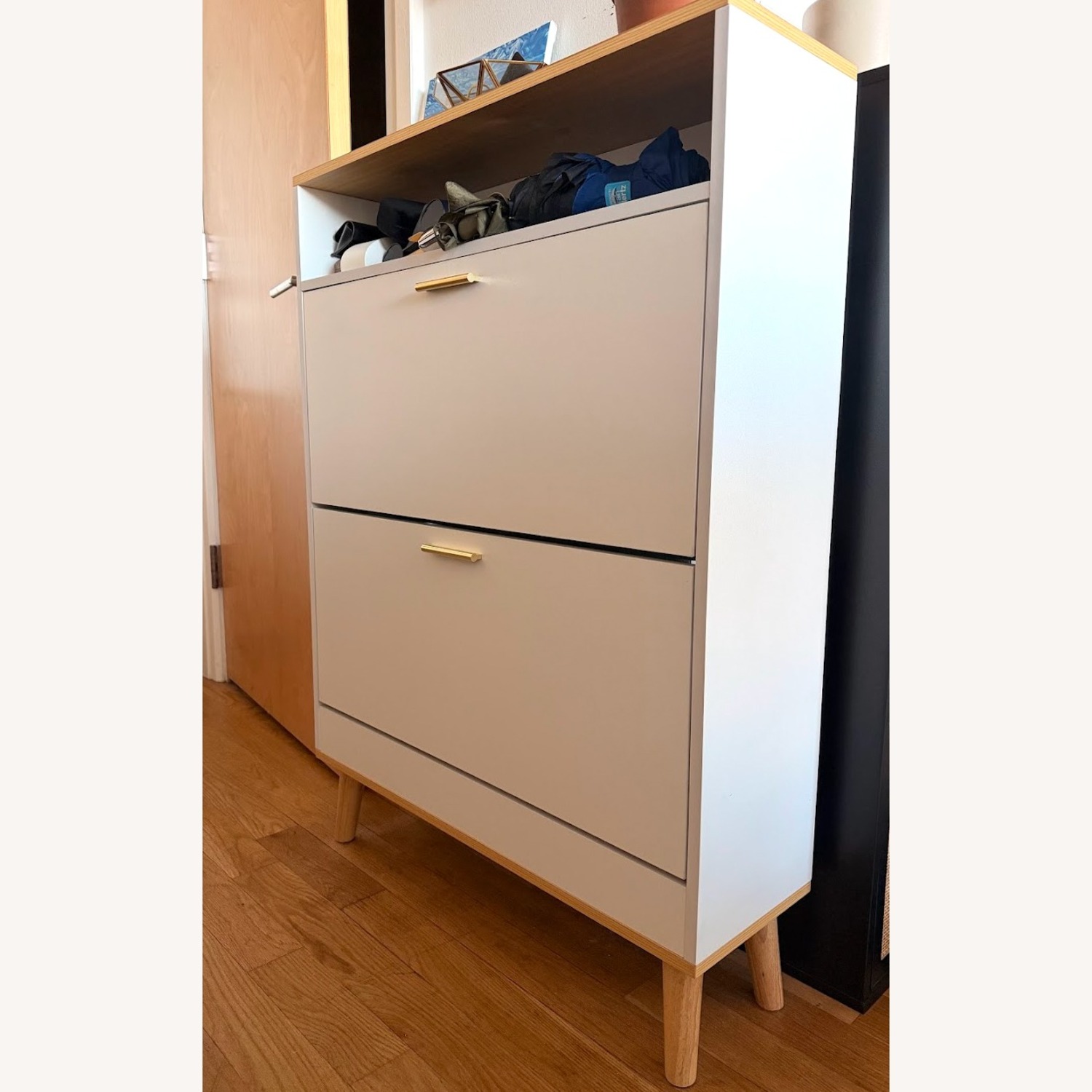 Shoe Storage Cabinet - White with Walnut Top - image-5