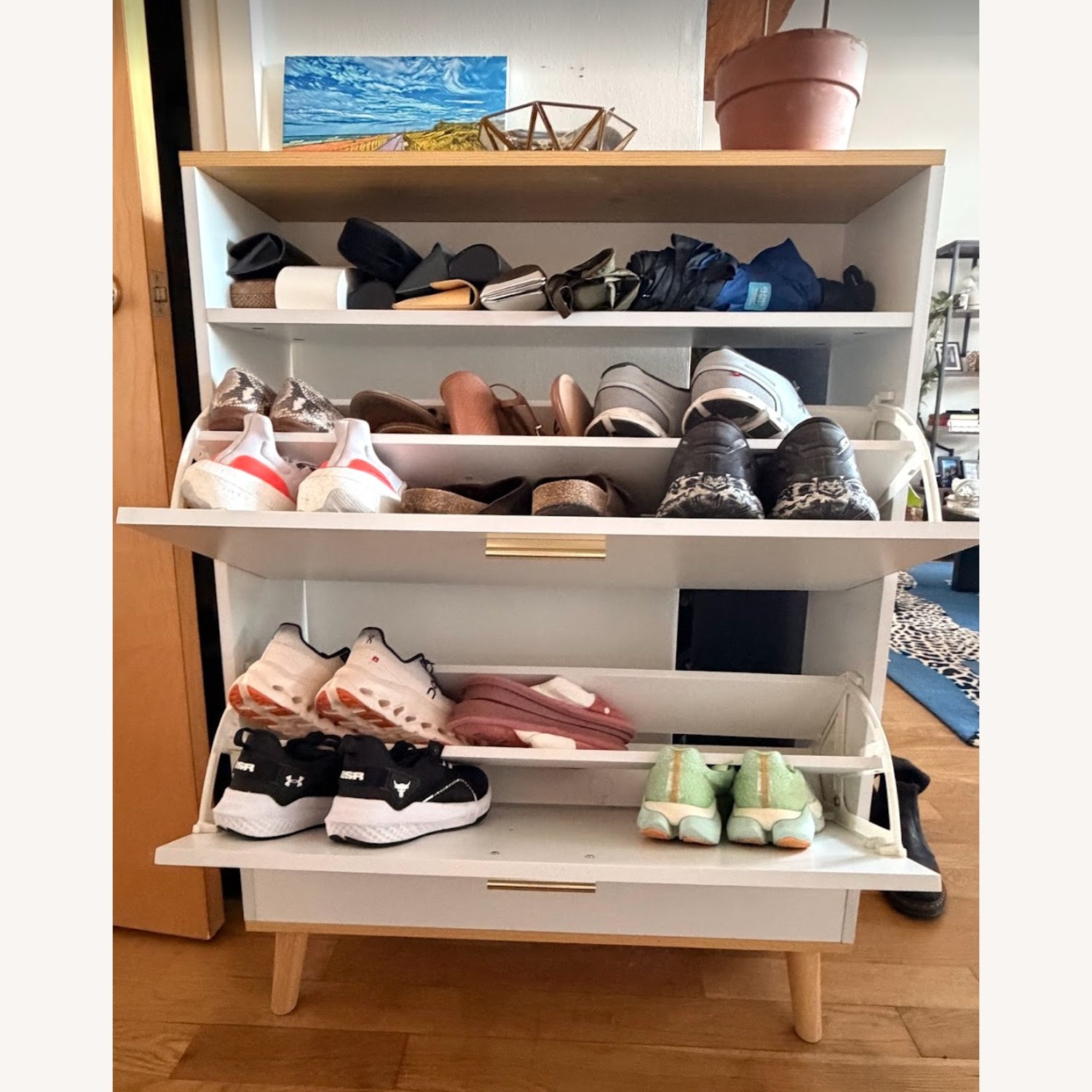 Shoe Storage Cabinet - White with Walnut Top - image-7