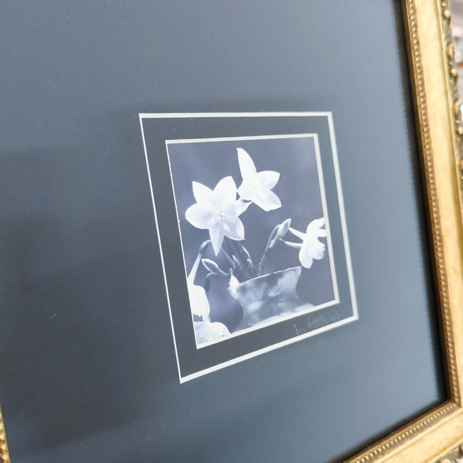 Framed Black and White Flower Print with Ornate - image-1