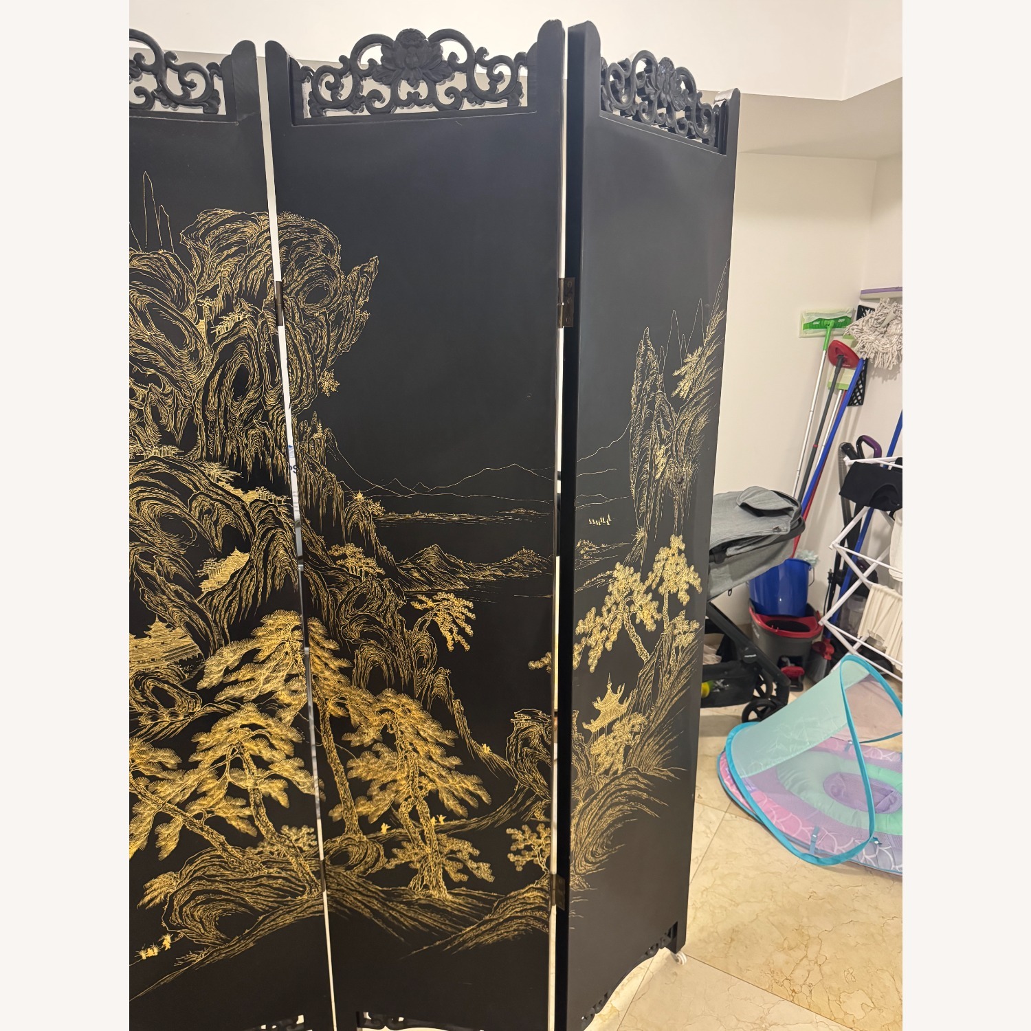 Chinese Inlay 5 Panel Screen Black Wood Décor - image-2
