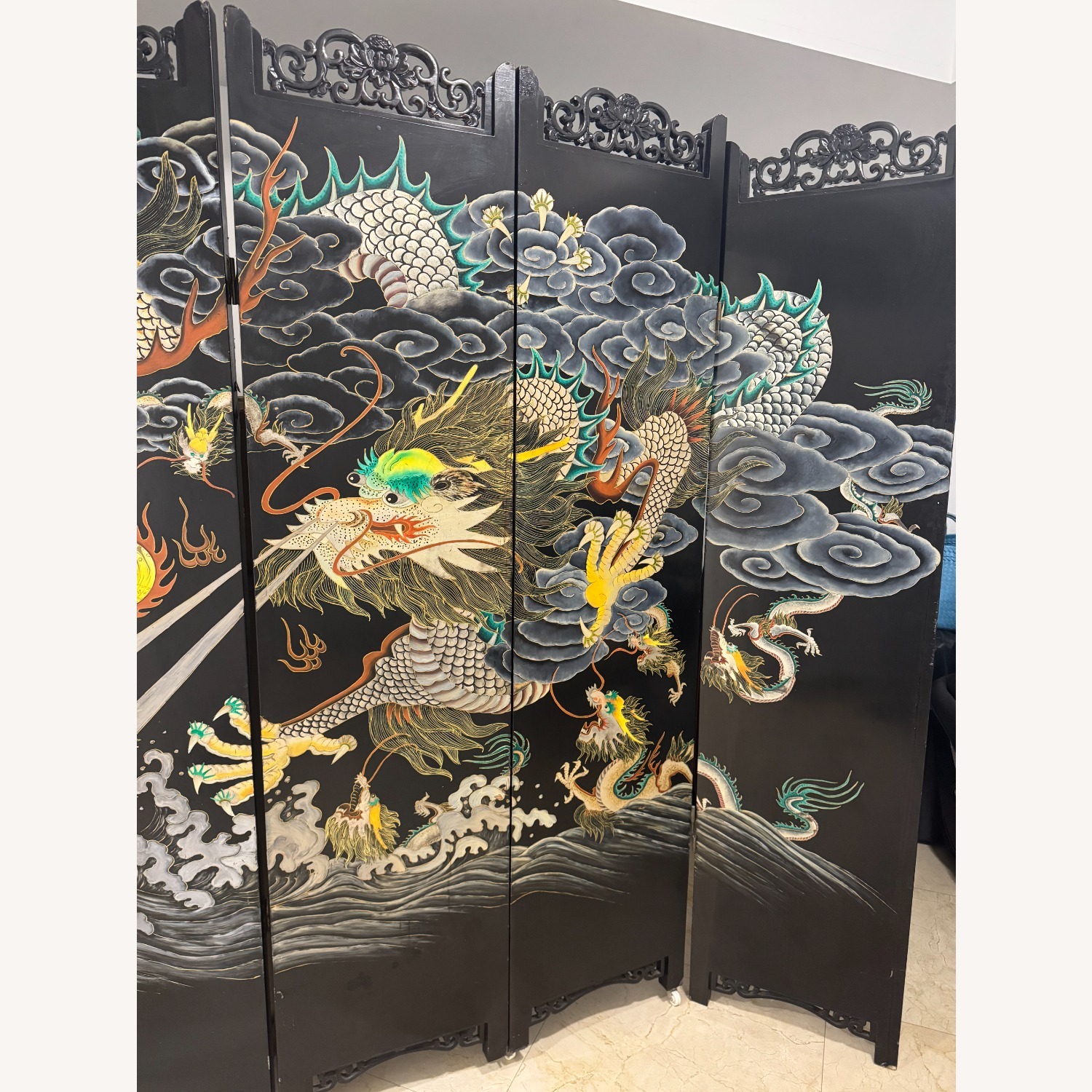 Chinese Inlay 5 Panel Screen Black Wood Décor - image-5