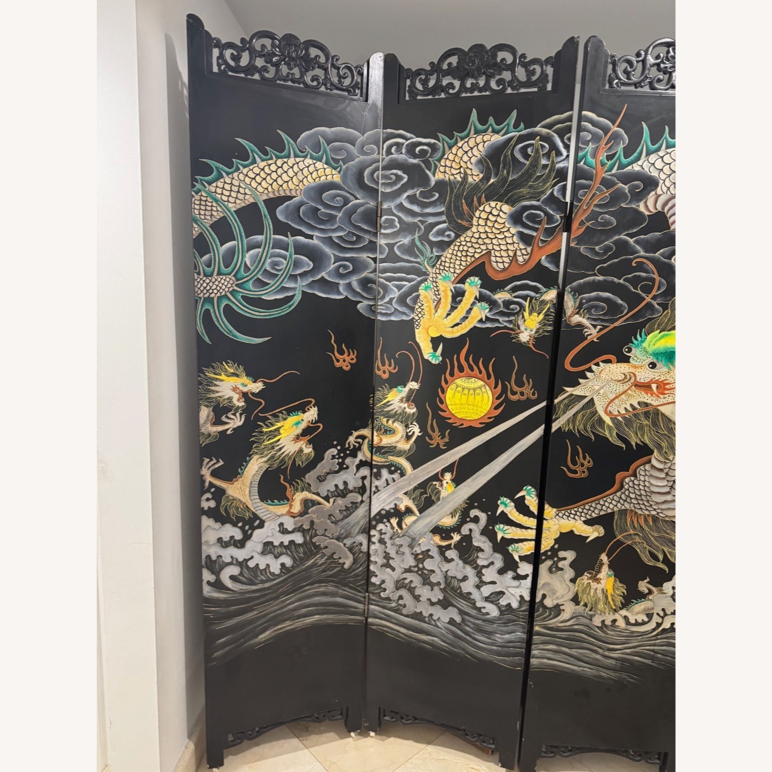 Chinese Inlay 5 Panel Screen Black Wood Décor - image-1