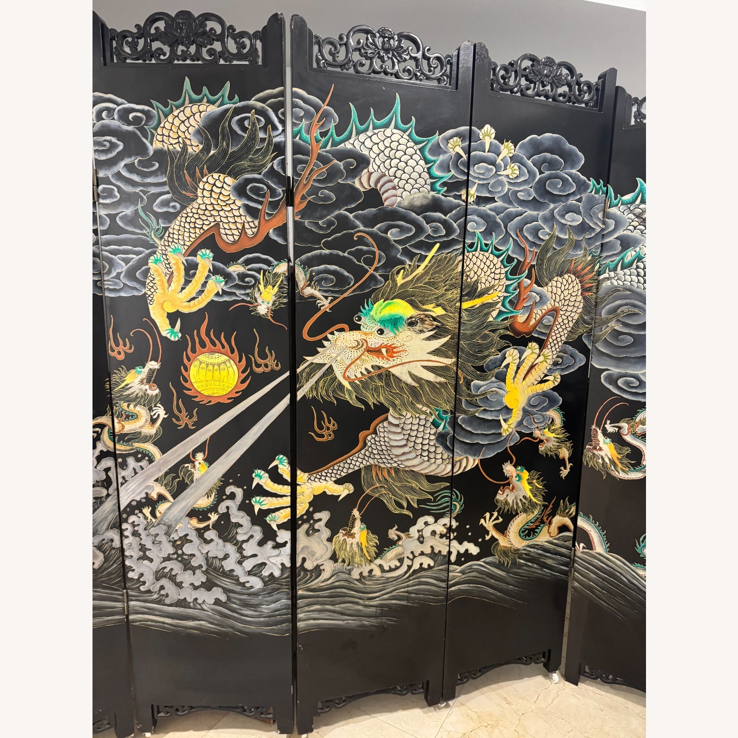 Chinese Inlay 5 Panel Screen Black Wood Décor - image-9
