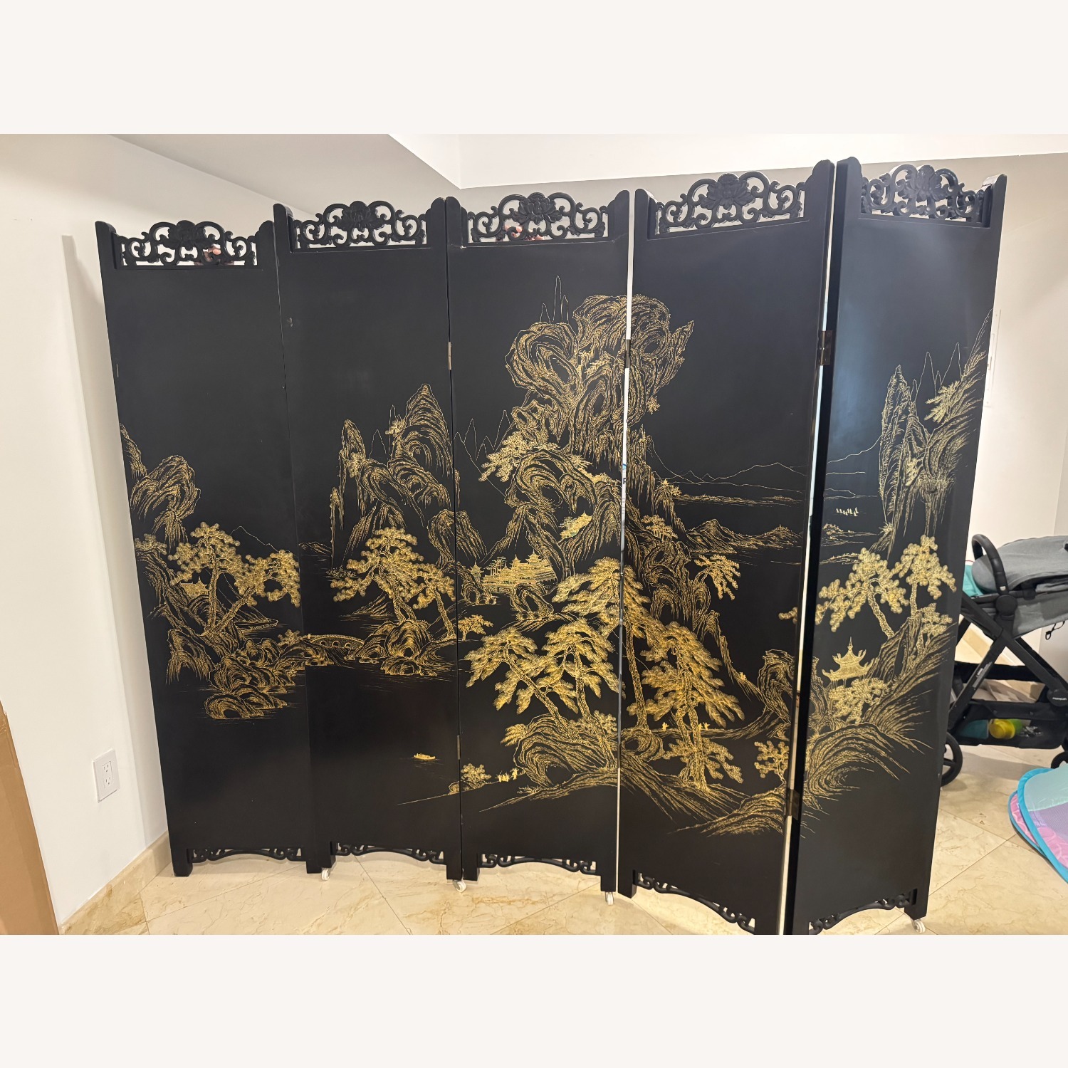 Chinese Inlay 5 Panel Screen Black Wood Décor - image-6