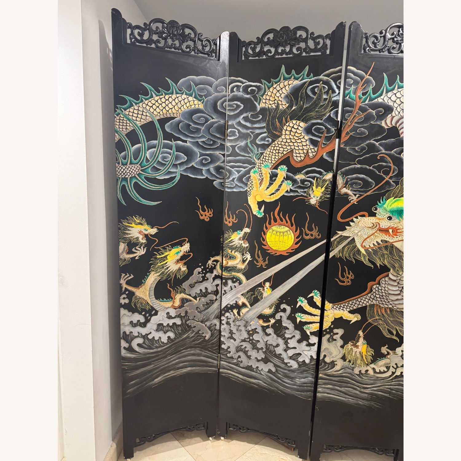 Chinese Inlay 5 Panel Screen Black Wood Décor - image-4