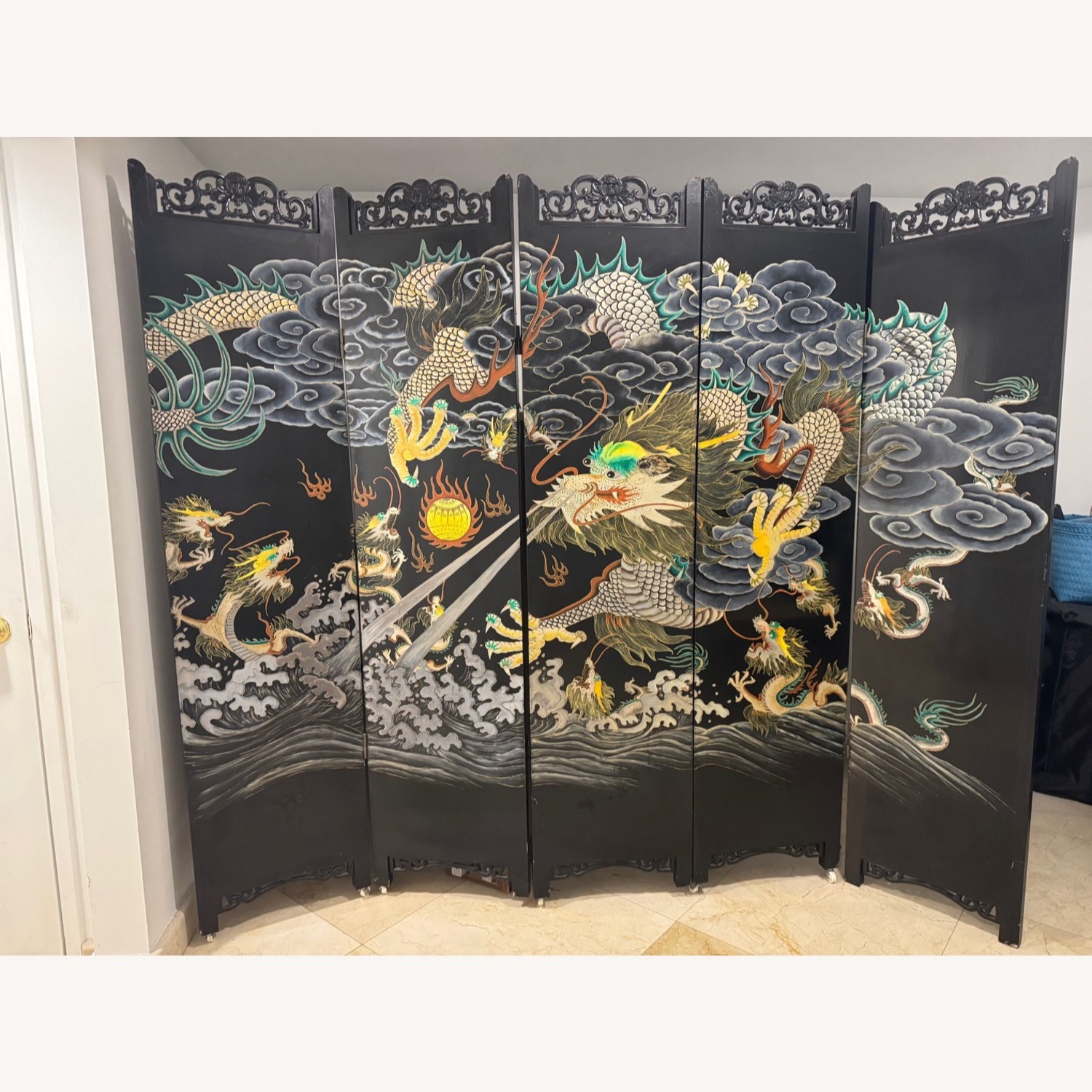 Chinese Inlay 5 Panel Screen Black Wood Décor - image-0