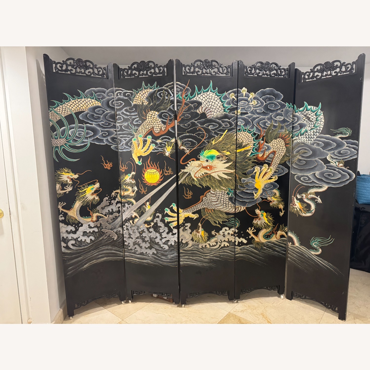 Chinese Inlay 5 Panel Screen Black Wood Décor - image-3
