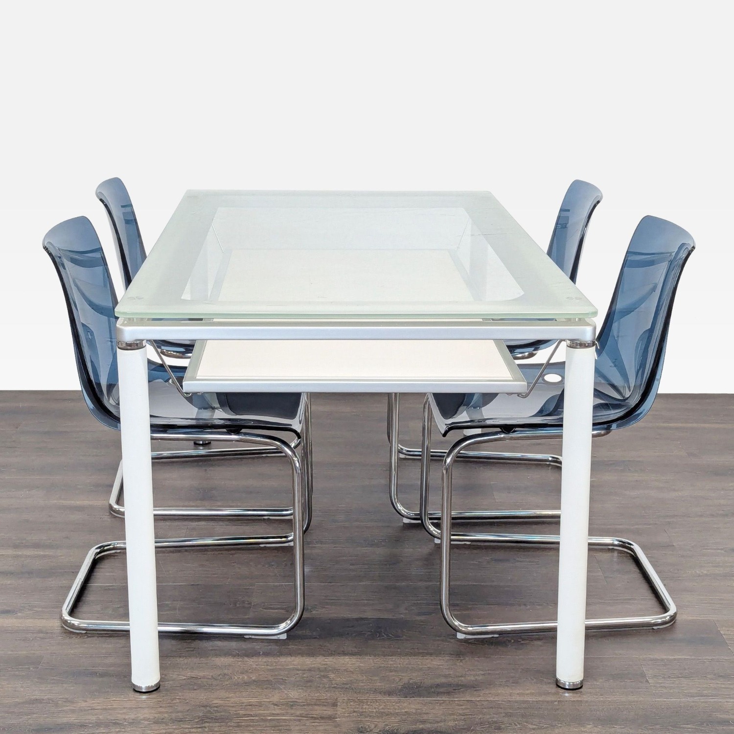 Modern Glass Dining Set with 4 Blue Chairs   - image-1